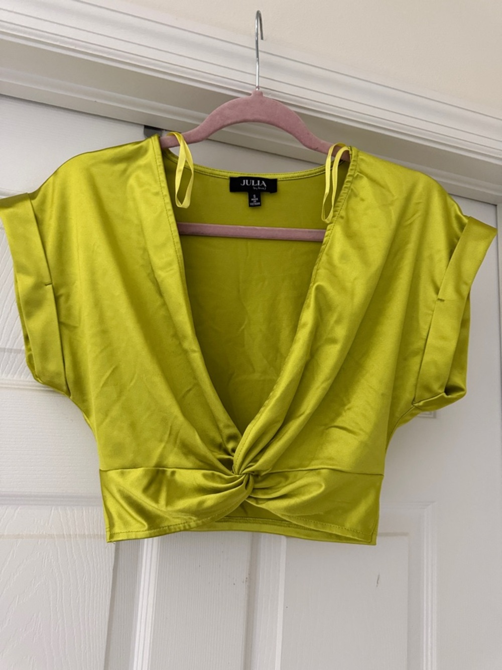 Julia Lime Green Twist-Front Satin Crop Top